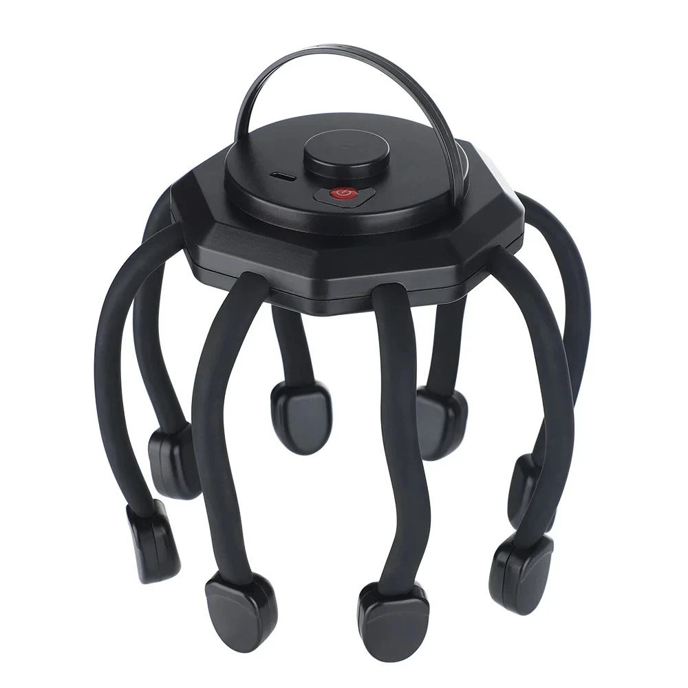 Masajeador eléctrico negro para cuero cabelludo con 6 brazos flexibles y agarre superior, diseño ergonómico.