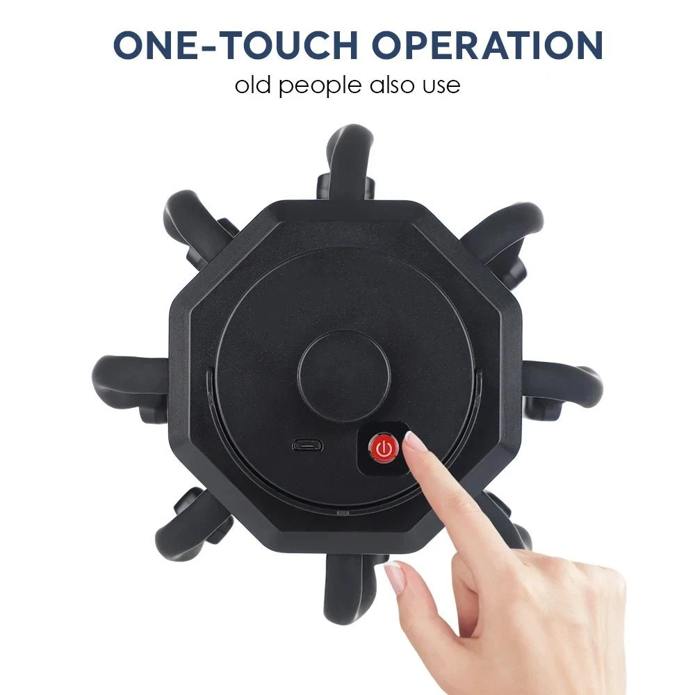 Masajeador eléctrico negro para cuero cabelludo, con operación de un toque, visto desde arriba.