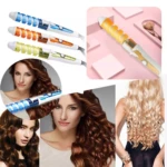 Rizadores automáticos de cabello en colores azul, naranja y verde, mostrando mechones rizados y rizador amarillo en ambiente rosa.