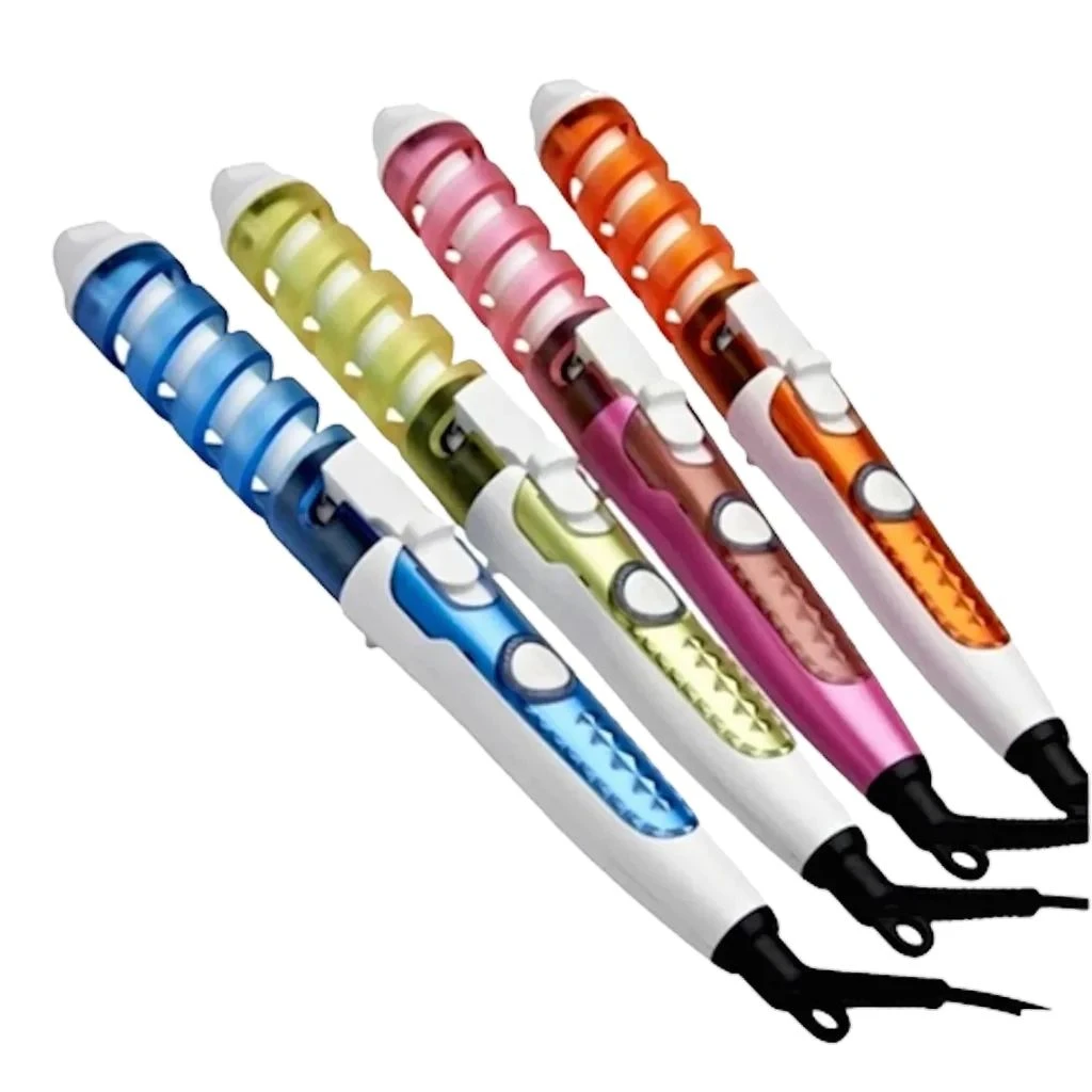 Cuatro pinzas rizadoras tipo espiral de barril cónico en colores azul, verde lima, fucsia y naranja sobre fondo blanco.