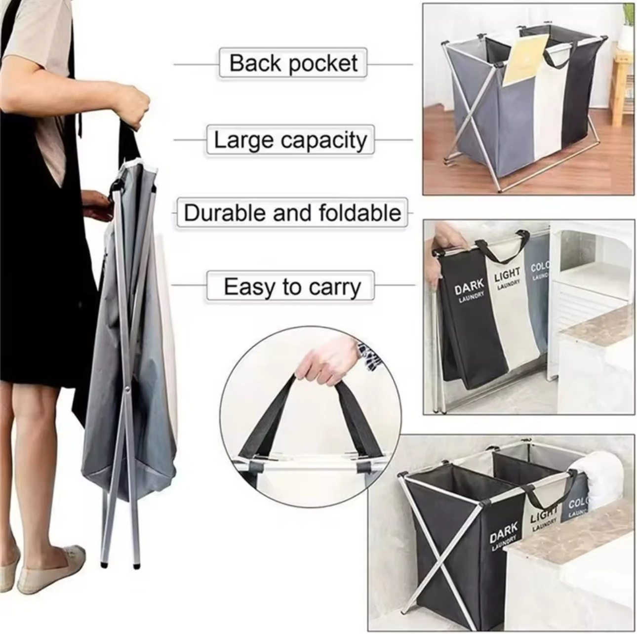 Cesta clasificadora de ropa plegable de 3 compartimentos, gris y negro, con asas, ideal para lavandería.