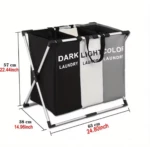 Cesta clasificadora de ropa para lavandería, tres compartimentos, color negro, blanco y gris, plegable.