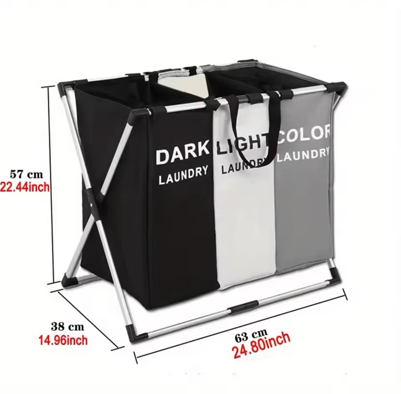 Cesta clasificadora de ropa para lavandería, tres compartimentos, color negro, blanco y gris, plegable.