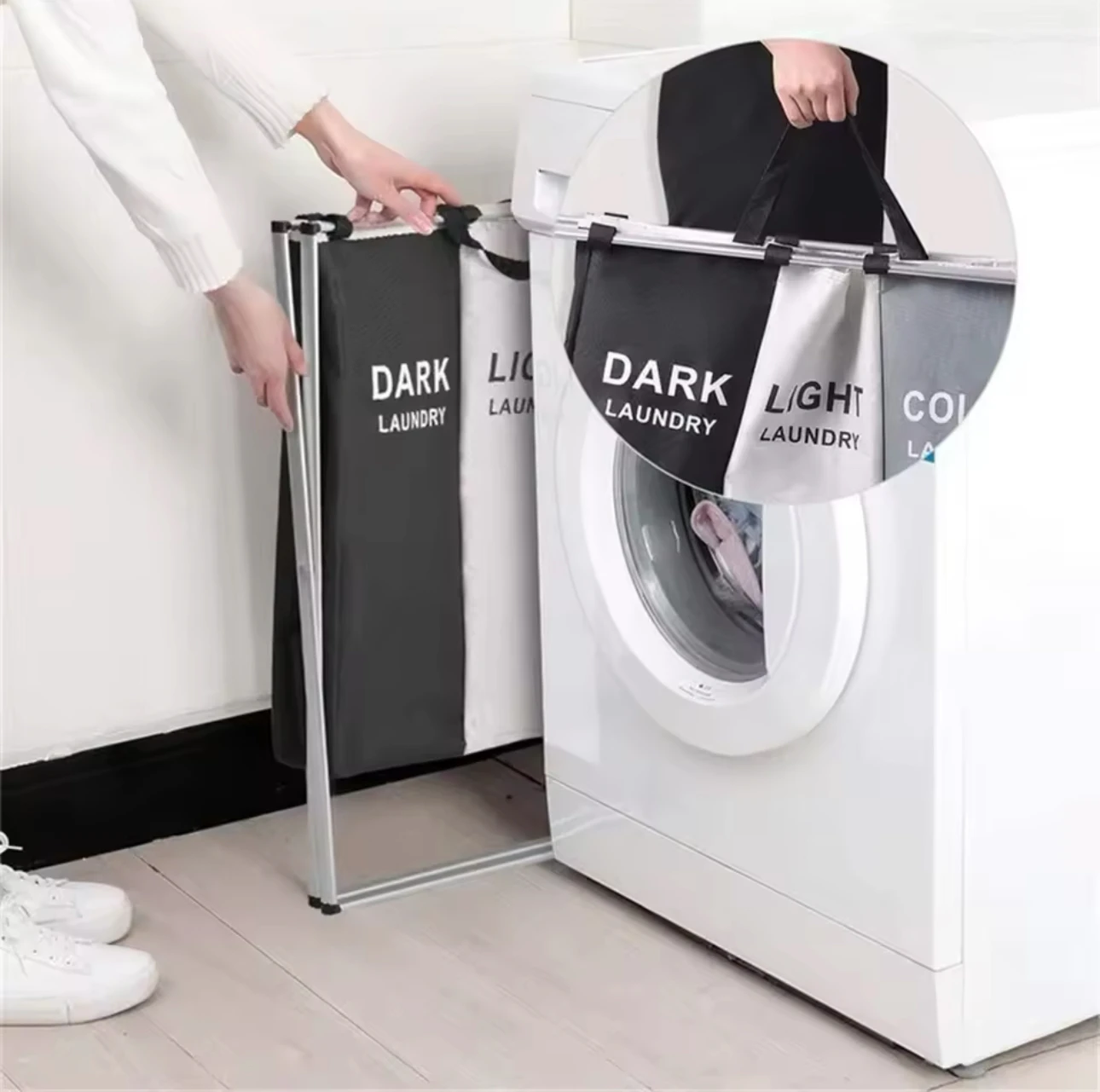 Cesta de lavandería plegable de 3 compartimentos, color gris, blanco y negro, para clasificar ropa.