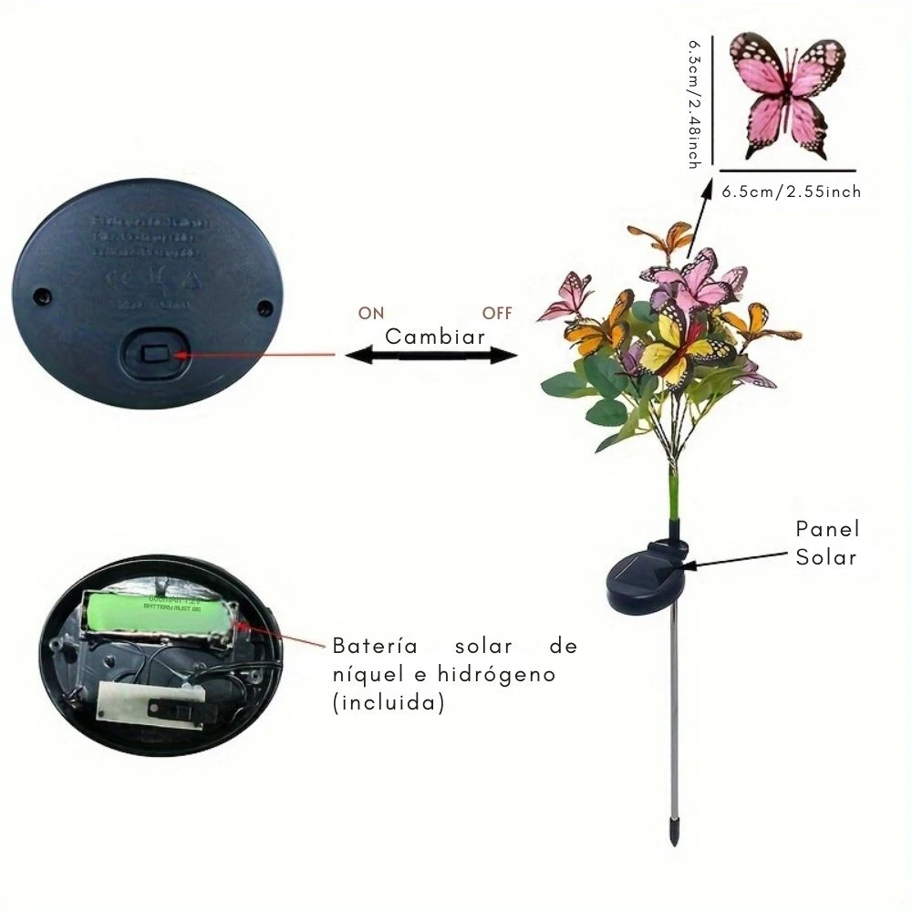 Lámpara solar de mariposas decorativas, con panel solar y batería recargable.