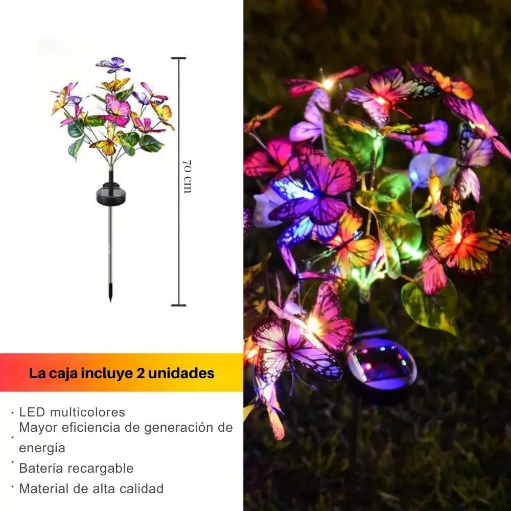 Lámpara solar de mariposas de 70 cm con LED multicolor, recargable, ideal para jardín.