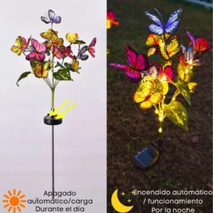 Lámpara solar de mariposas con luces LED, muestra apagada cargando de día y encendida de noche.