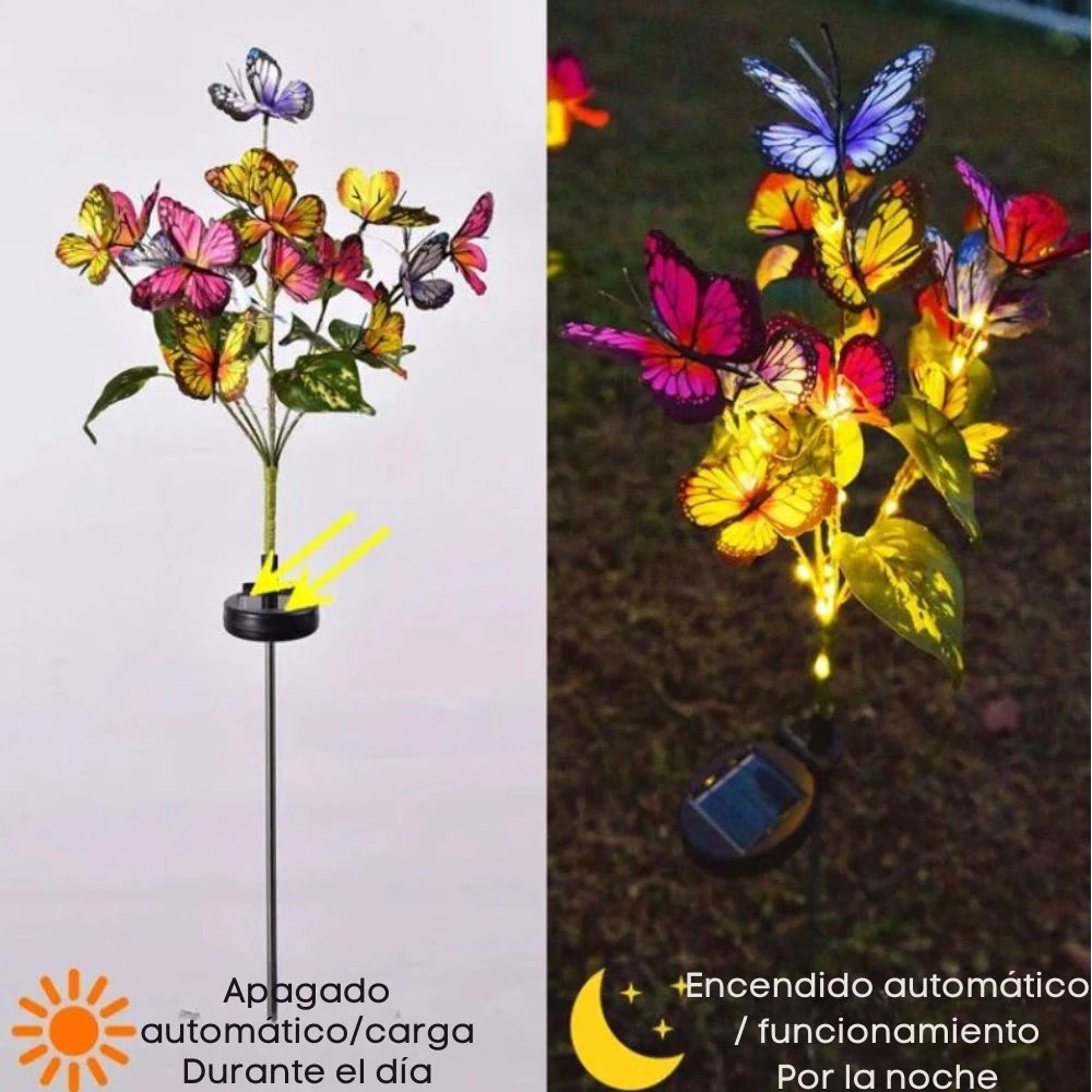 Lámpara solar de mariposas con luces LED, muestra apagada cargando de día y encendida de noche.