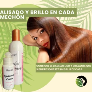Kit de alisado progresivo y repolarizador capilar de 60 ml con coco y macadamia junto a una mujer de cabello largo, liso y brillante sobre fondo botánico.