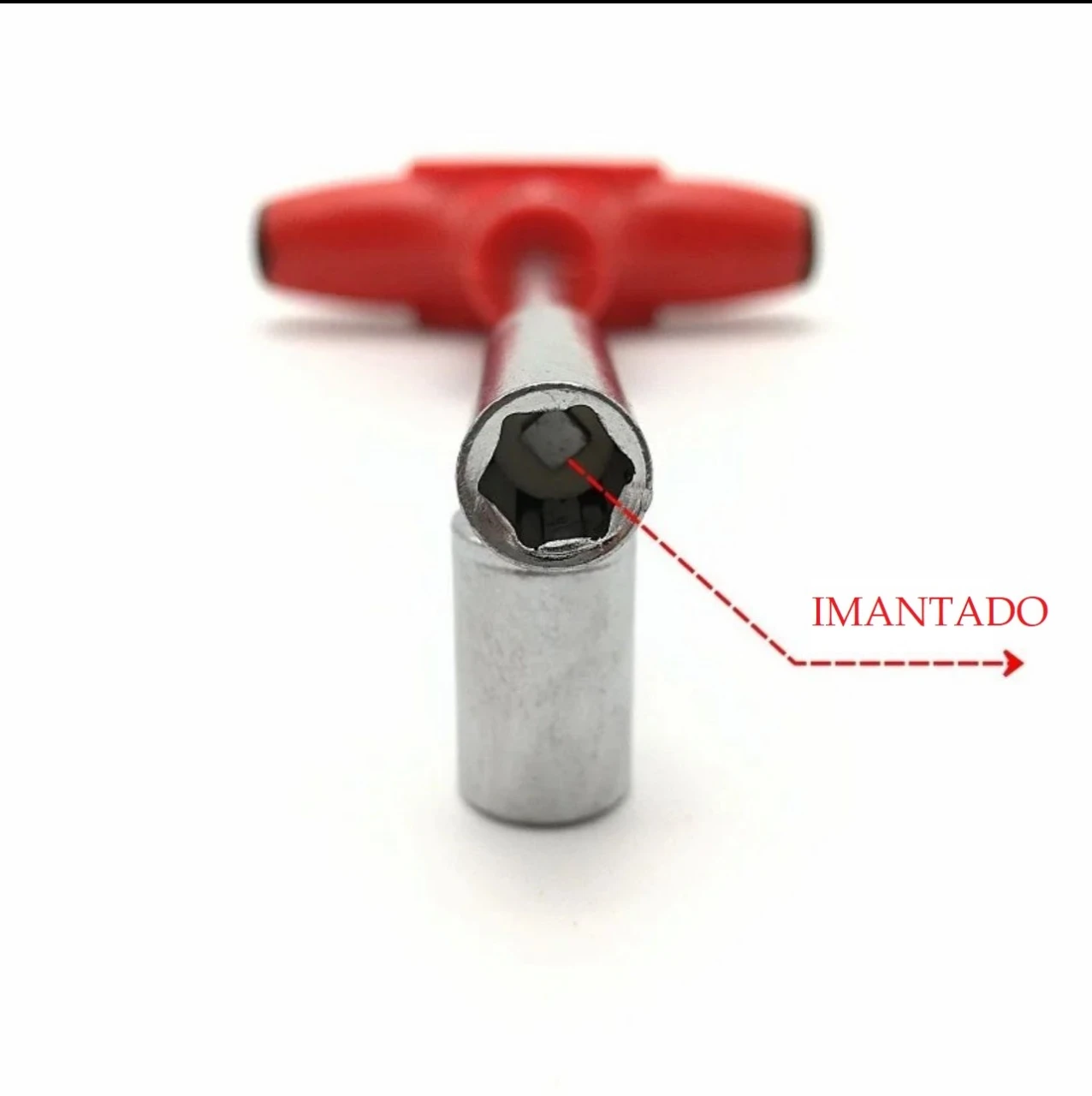 Destornillador T rojo con copa hexagonal imantada, ideal para fijar tornillos pequeños.
