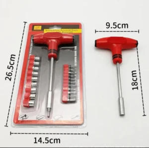 Juego de destornillador con mango en T rojo e imantado, incluye copas y puntas.