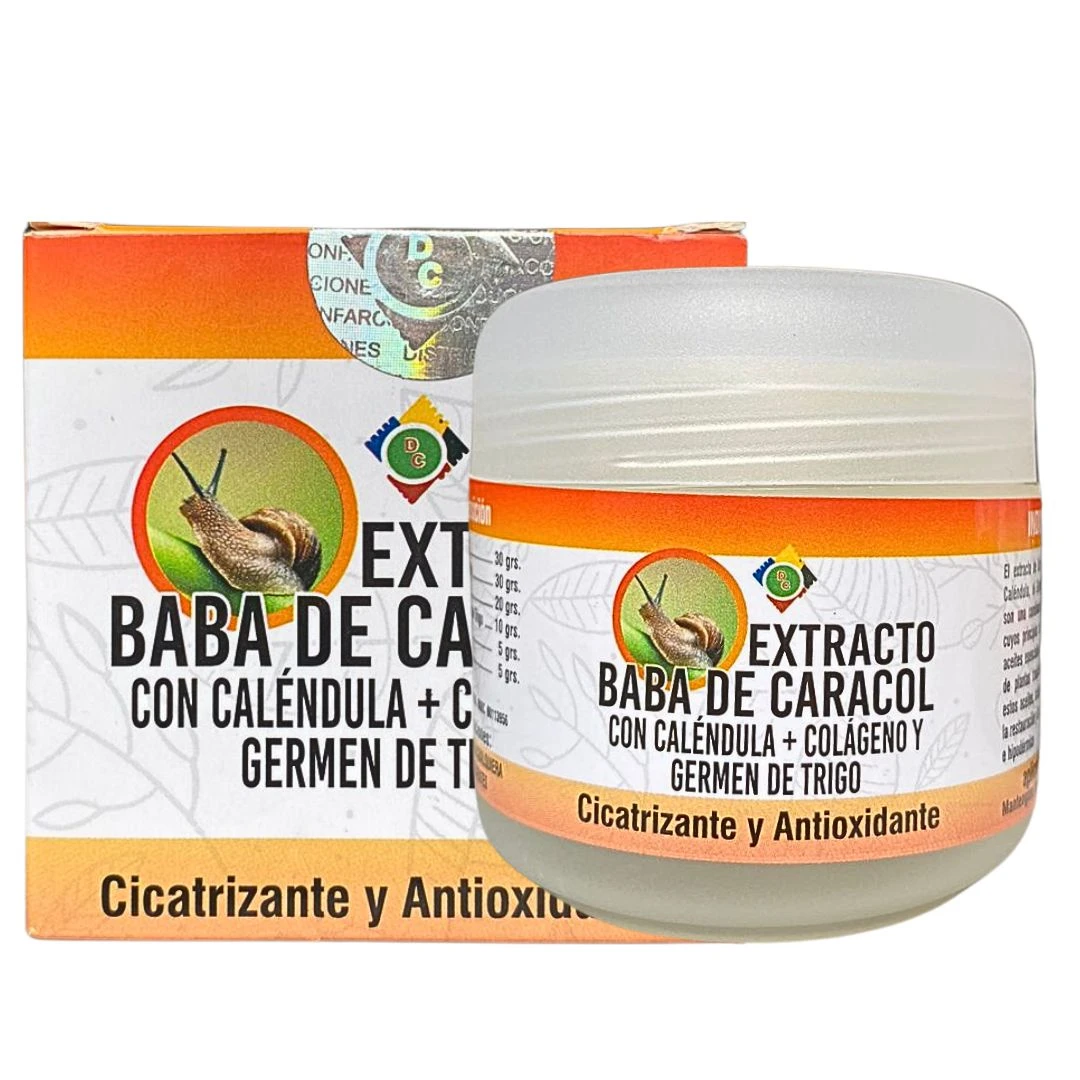 Crema Baba de Caracol Extracto con Caléndula, Colágeno y Germen de Trigo, tarro blanco y naranja, cicatrizante.
