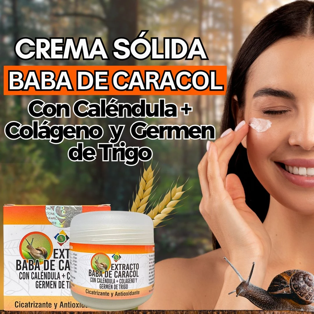 Crema sólida Baba de Caracol con Caléndula, Colágeno y Germen de Trigo, aplicada por mujer sonriente.