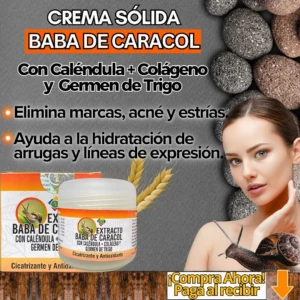 Crema sólida Baba de Caracol con Caléndula, Colágeno y Germen de Trigo, ayuda a eliminar marcas y arrugas.