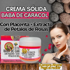 Crema sólida de Baba de Caracol con Placenta y Extracto de Pétalos de Rosas. Mujer con piel radiante junto al envase.