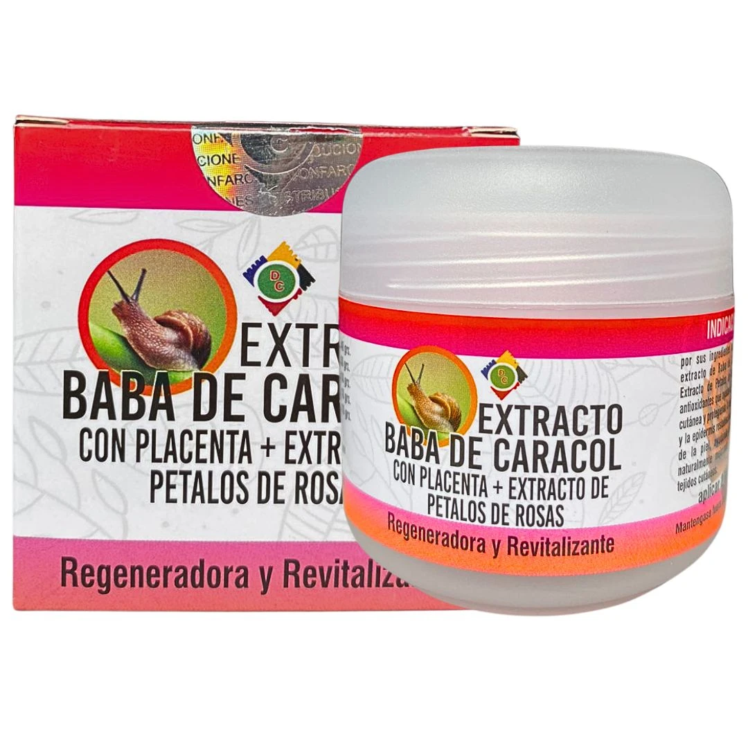 Crema regeneradora y revitalizante Baba de Caracol con placenta y extracto de rosas, envase blanco y empaque rosa.