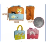 Lonchera térmica infantil con diseño de perros y huellas, medidas 23x19x11cm, naranja y azul.