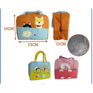 Lonchera térmica infantil con diseño de perros y huellas, medidas 23x19x11cm, naranja y azul.