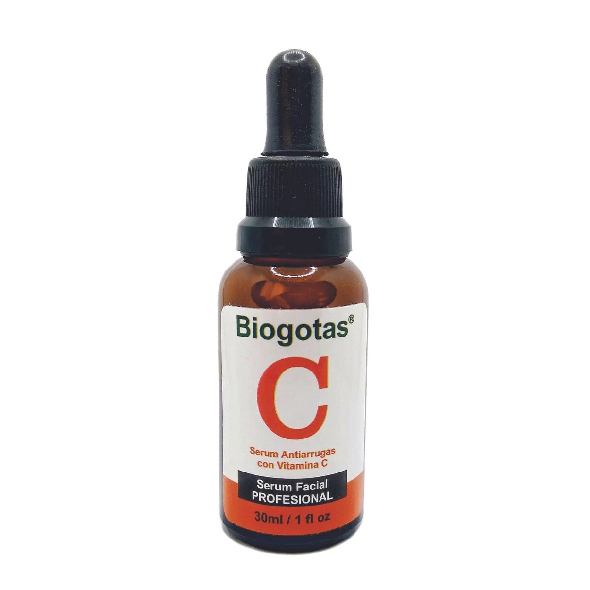 Serum facial Biogotas con Vitamina C, envase ámbar con gotero, 30ml.