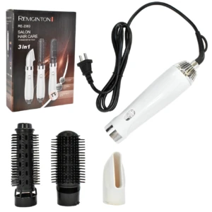 Cepillo secador 3 en 1 blanco con caja, mango, cable, boquilla concentradora y dos cabezales de cepillo intercambiables para alisar y dar volumen.