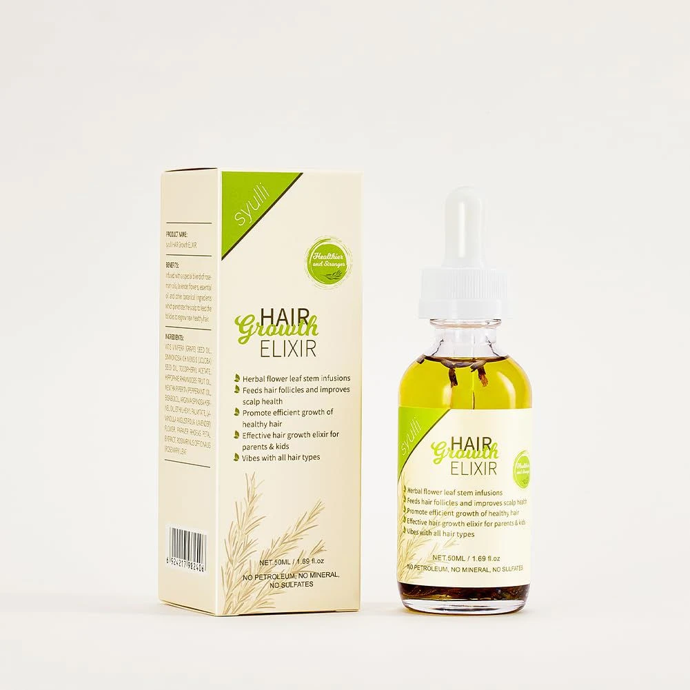 Caja y frasco de "Hair Growth Elixir" de Syulli, ambos con etiqueta verde y amarilla. Contenido de 50ml.