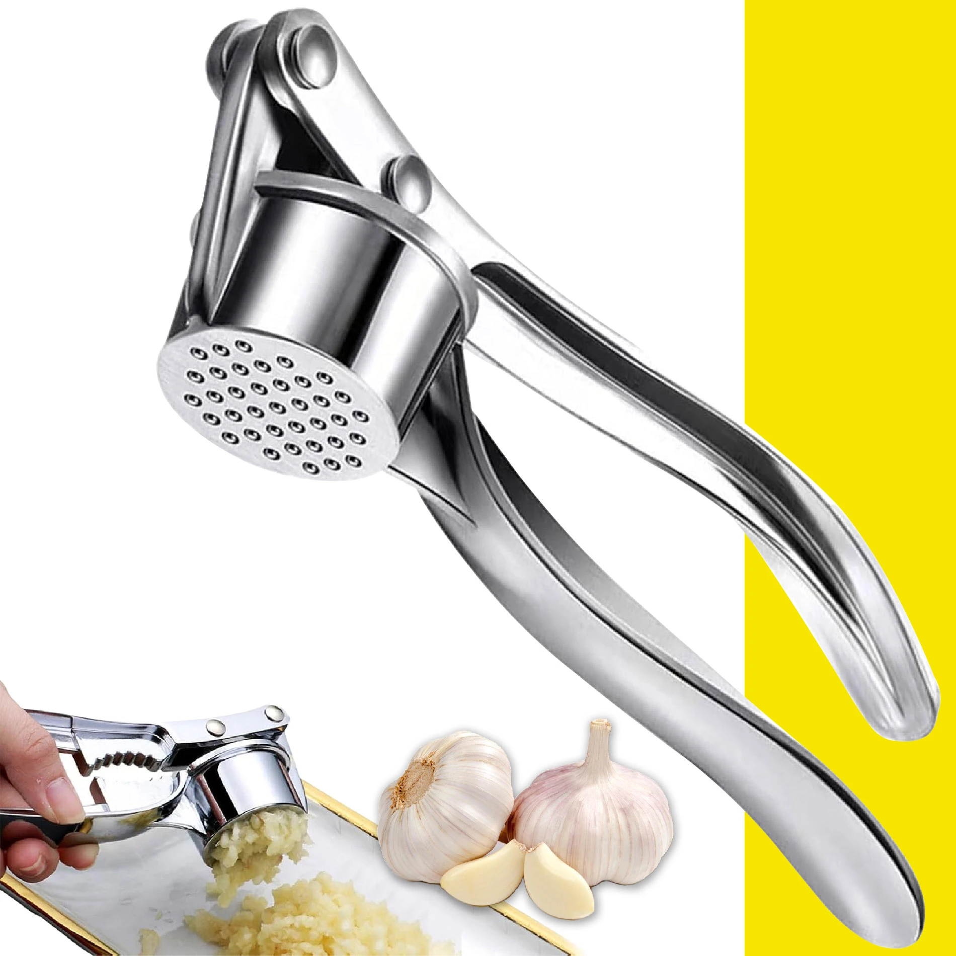 Triturador de ajos plateado en acción, con ajos enteros y picados al lado.