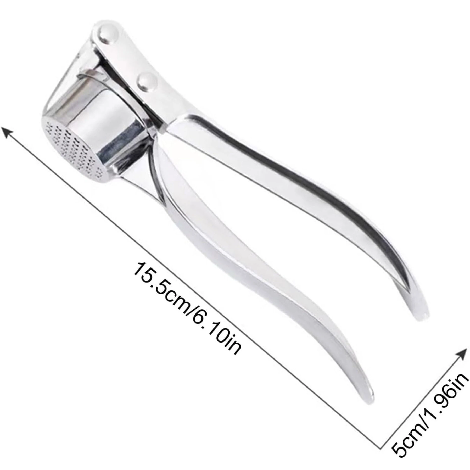 Triturador de ajos plateado de metal con medidas 15.5cm y 5cm.