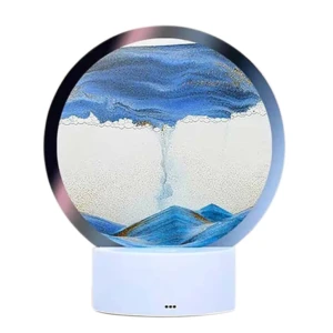 Lámpara 3D de arena movediza azul con luz RGB, base blanca táctil, decorativa y relajante.