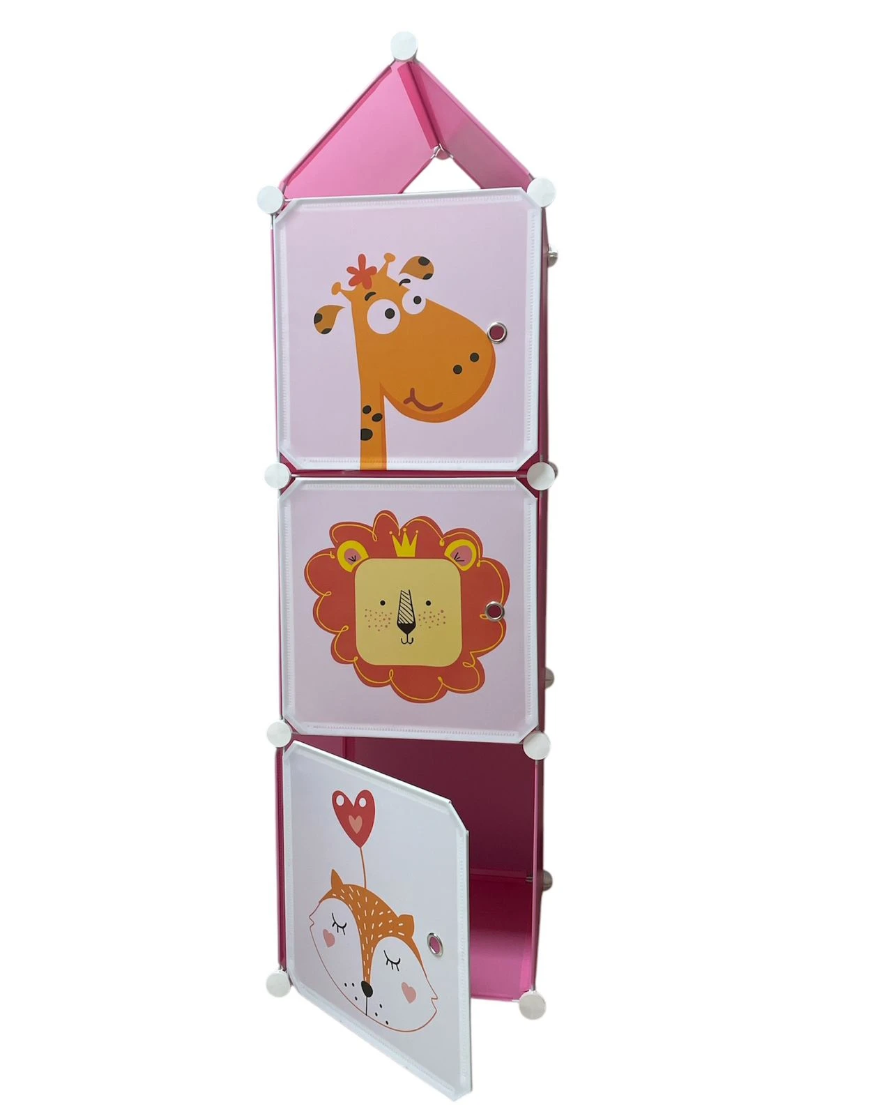 Armario organizador rosa para ropa y juguetes con 3 cubos frontales de animales: jirafa, león y zorrito.