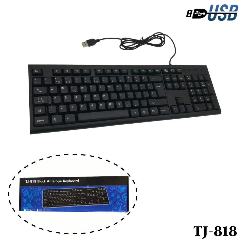 Teclado multimedia negro con cable USB, modelo TJ-818, visto desde arriba, junto a su caja.