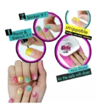 Set de manicura infantil con esmaltes coloridos, calcomanías, stencils y secador portátil. Incluye fórmulas no tóxicas y removibles de fácil aplicación.