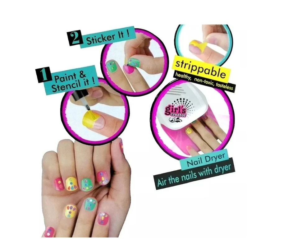 Set de manicura infantil con esmaltes coloridos, calcomanías, stencils y secador portátil. Incluye fórmulas no tóxicas y removibles de fácil aplicación.