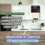 Organizador de cubiertos blanco con tecnología de desinfección, secado y drenaje inteligente para mantener utensilios limpios y secos en la cocina.