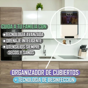 Organizador de cubiertos blanco con tecnología de desinfección, secado y drenaje inteligente para mantener utensilios limpios y secos en la cocina.