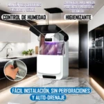 Esterilizador blanco para cubiertos, con control de humedad e higienizante, en cocina moderna.