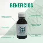 Jarabe capilar Prostgen en frasco ámbar con etiqueta blanca, promueve el crecimiento y detiene la caída del cabello.