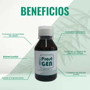 Jarabe capilar Prostgen en frasco ámbar con etiqueta blanca, promueve el crecimiento y detiene la caída del cabello.