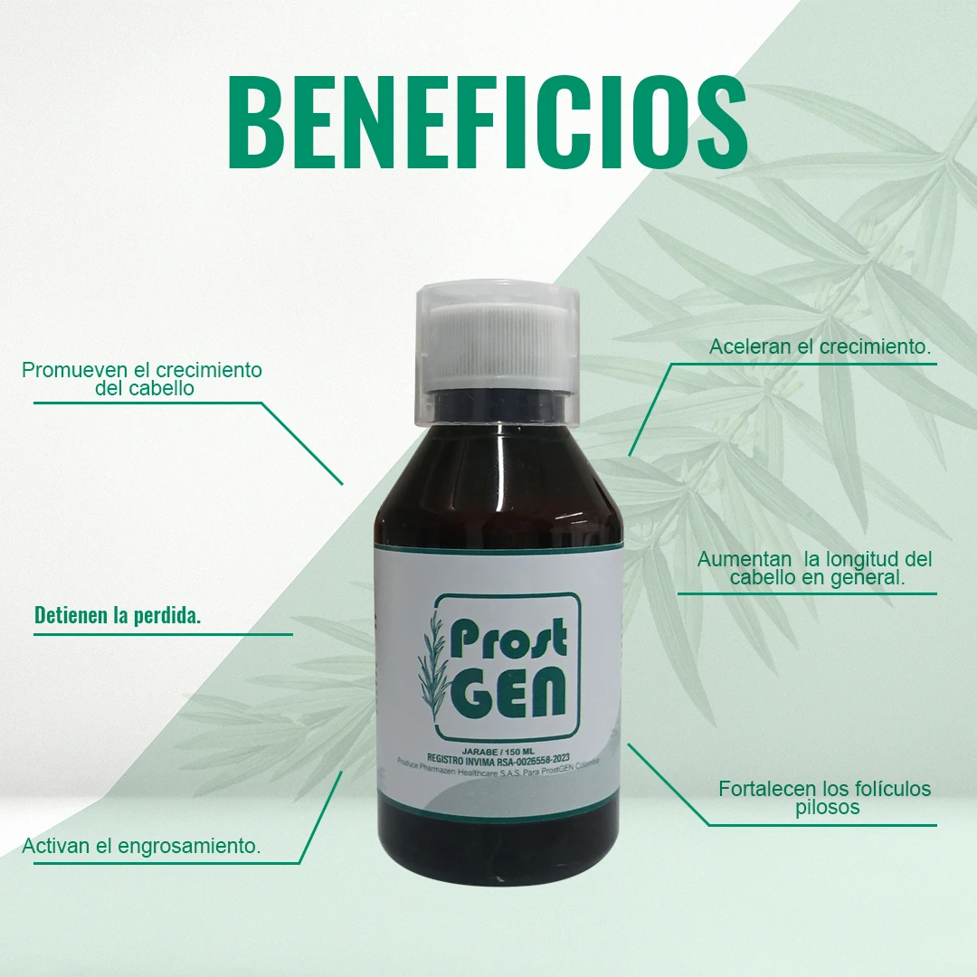 Jarabe capilar Prostgen en frasco ámbar con etiqueta blanca, promueve el crecimiento y detiene la caída del cabello.