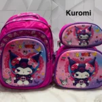 Trío escolar Kuromi fucsia: morral grande, lonchera y cartuchera a juego con diseño 3D de personaje Sanrio.