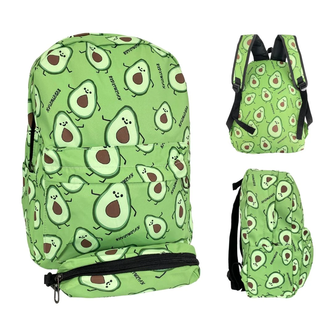 Morral escolar verde claro con estampado de aguacates animados y cartuchera a juego, vistas frontal, trasera y lateral.