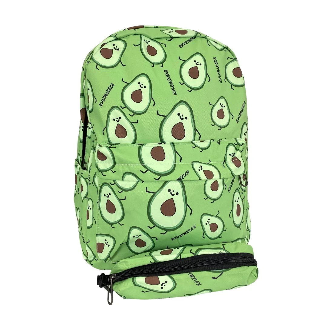 Morral verde claro con estampado repetitivo de aguacates animados sonrientes y bolsillo frontal inferior con cierre negro.