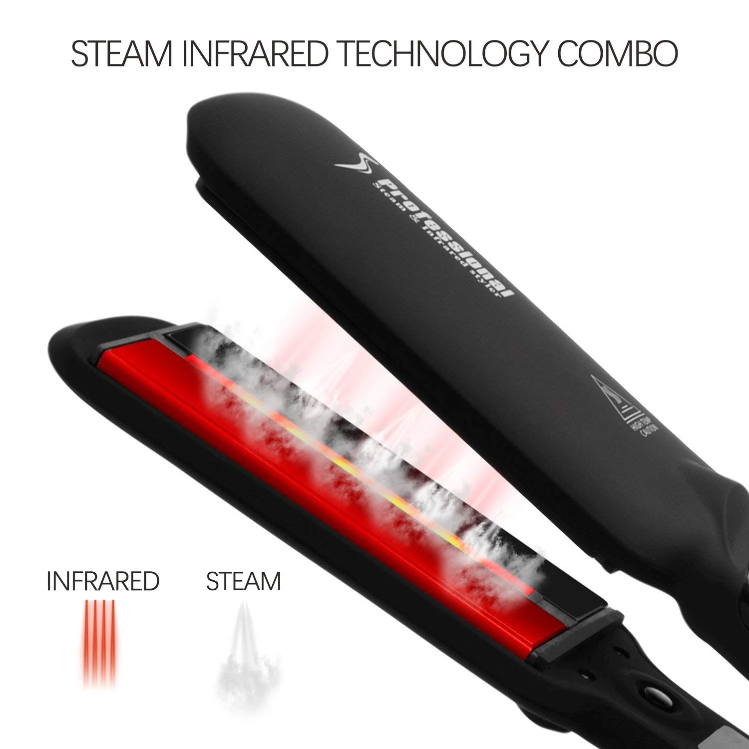 Plancha de cabello negra con tecnología de vapor e infrarrojos, mostrando placas rojas brillantes y emisión de vapor, ideal para estilizado profesional.