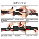 Instrucciones paso a paso para llenar el tanque de agua de la plancha de vapor negra, mostrando cómo extraer, recargar y ajustar la configuración.