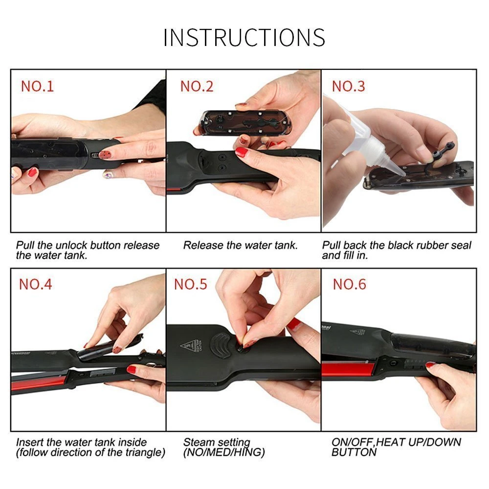 Instrucciones paso a paso para llenar el tanque de agua de la plancha de vapor negra, mostrando cómo extraer, recargar y ajustar la configuración.