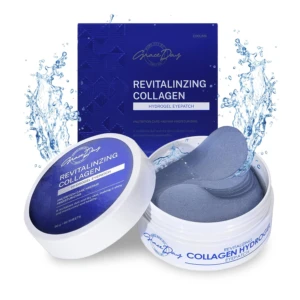 Parche ocular de hidrogel Grace Day revitalizante con colágeno, presentación de 60 hojas, envase abierto con producto.