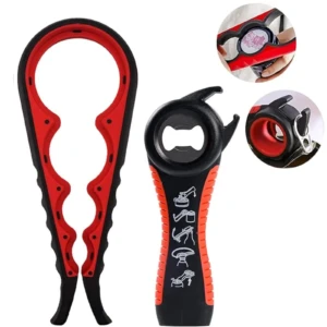 Destapador 6 en 1 rojo y negro para frascos, latas y botellas.