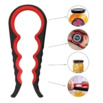 Destapador 6 en 1 de frascos, color rojo y negro, versátil y ergonómico para abrir tapas de diferentes tamaños.