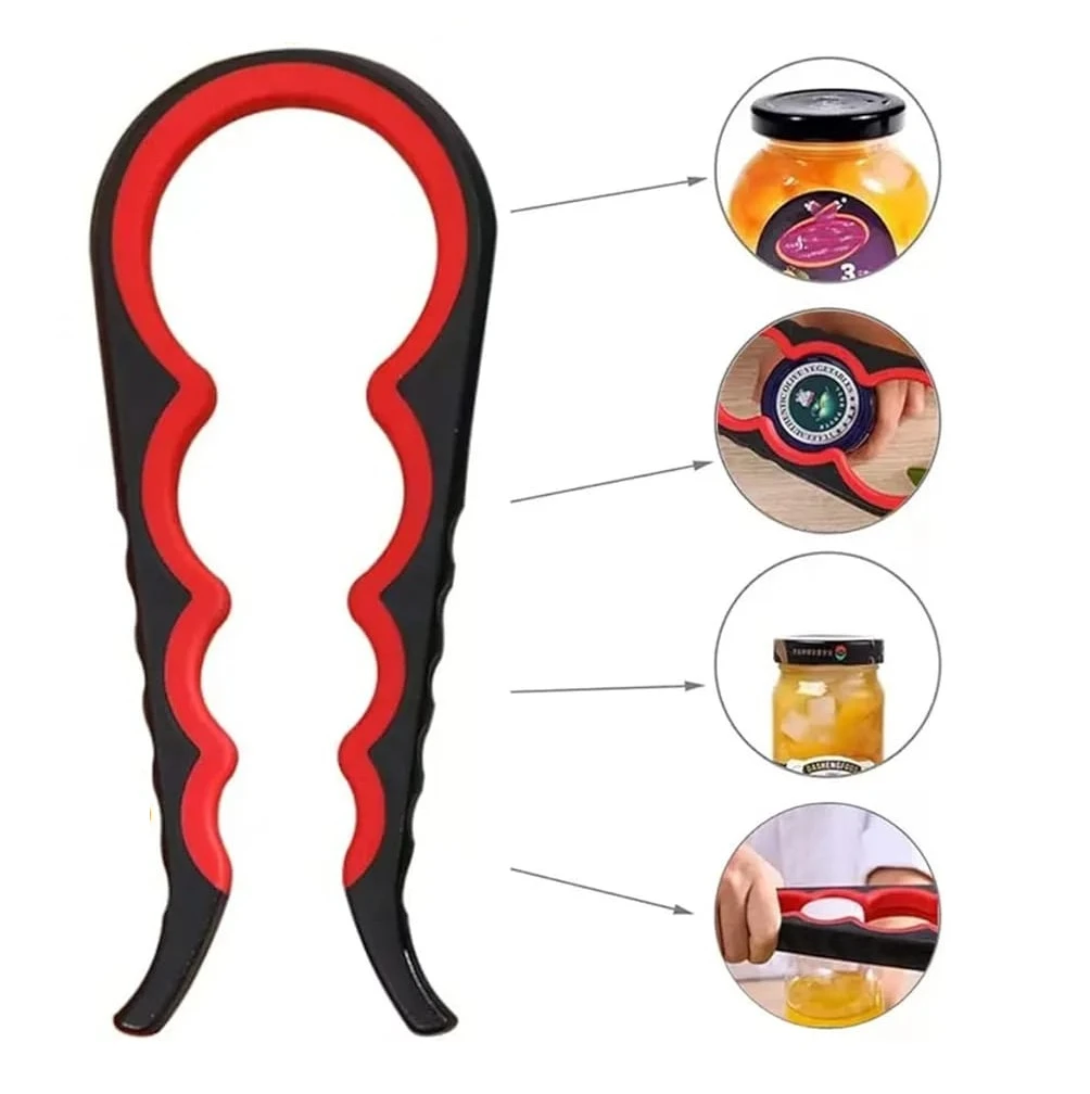 Destapador 6 en 1 de frascos, color rojo y negro, versátil y ergonómico para abrir tapas de diferentes tamaños.