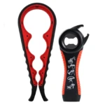 Destapador 6 en 1 multifuncional rojo y negro para frascos y botellas, diseño ergonómico.