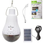 Bombillo recargable blanco con panel solar, cable USB y empaque. Luz solar de 10W.